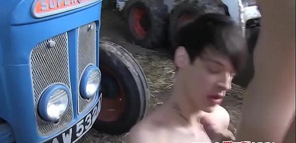  Skinny young gay shoots jizz over farm equipment after anal